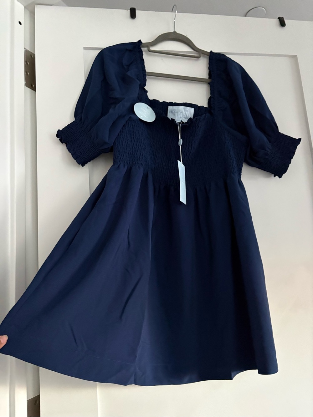 Hill House Navy Puff-Sleeve Smocked Mini Dress